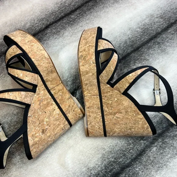 Jimmy Choo Alissa 120 Natural Black Cork Grossgrain Wedges - Picture 7 of 10
